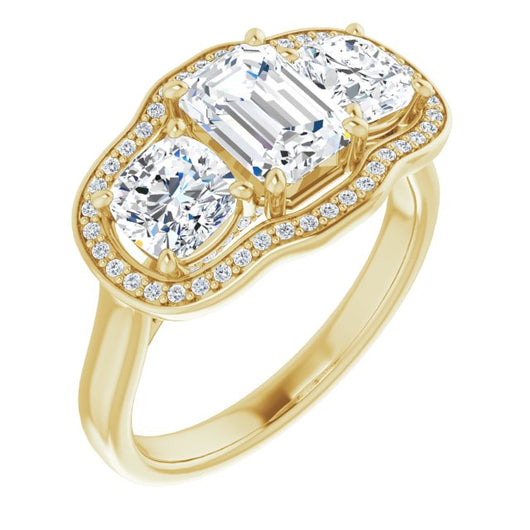 10K Yellow Gold Customizable 3-stone Design with Emerald/Radiant Cut Center, Cushion Side Stones, Triple Halo and Bridge Under-halo