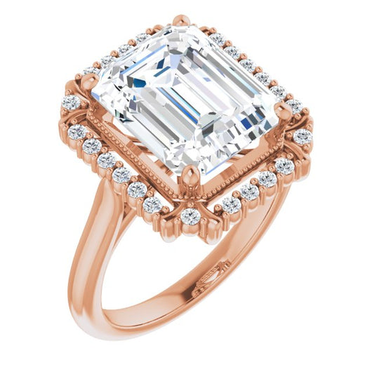 10K Rose Gold Customizable Emerald/Radiant Cut Design with Majestic Crown Halo and Raised Illusion Setting