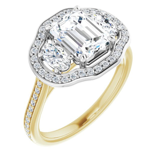 14K Yellow & White Gold Customizable Emerald/Radiant Cut Style with Oval Cut Accents, 3-stone Halo & Thin Shared Prong Band