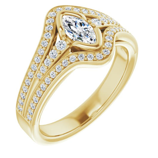 10K Yellow Gold Customizable Cathedral-Bezel Marquise Cut Design with Wide Triple-Split-Pavé Band