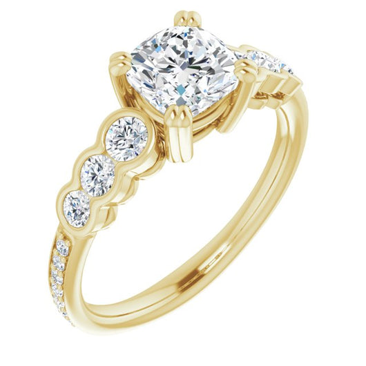 10K Yellow Gold Customizable Cushion Cut 7-stone Style Enhanced with Bezel Accents and Shared Prong Band