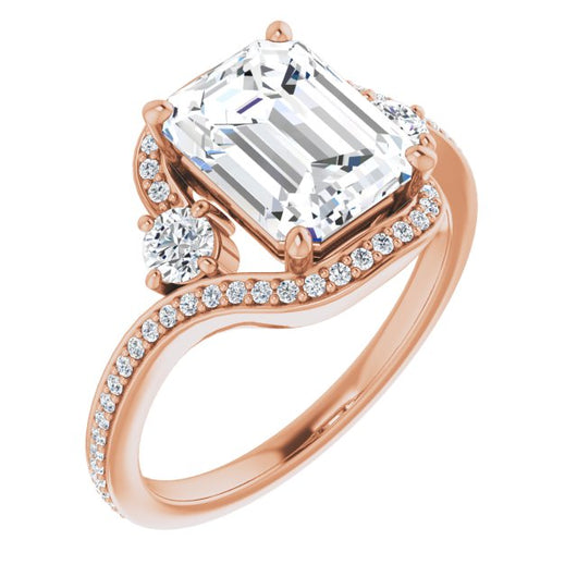 10K Rose Gold Customizable Emerald/Radiant Cut Bypass Design with Semi-Halo and Accented Band