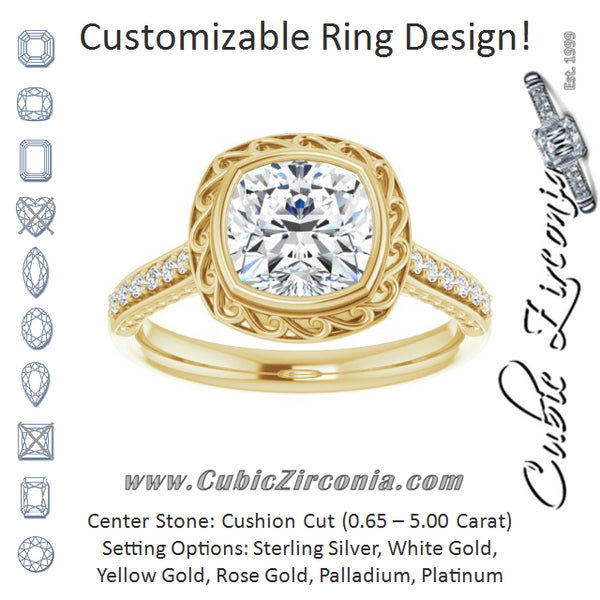 Cubic Zirconia Engagement Ring- The Itzayana (Customizable Cathedral-Bezel Cushion Cut Design featuring Accented Band with Filigree Inlay)