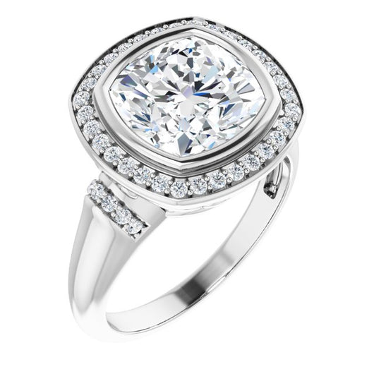 10K White Gold Customizable Bezel-set Cushion Cut Design with Halo and Vertical Round Channel Accents