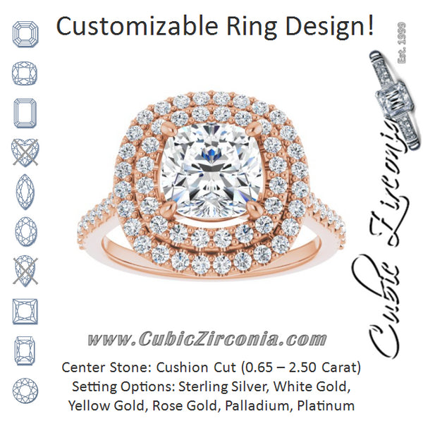 Cubic Zirconia Engagement Ring- The Danielle (Customizable Double-Halo Cushion Cut Design with Accented Split Band)