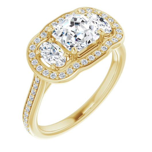 10K Yellow Gold Customizable Asscher Cut Style with Oval Cut Accents, 3-stone Halo & Thin Shared Prong Band