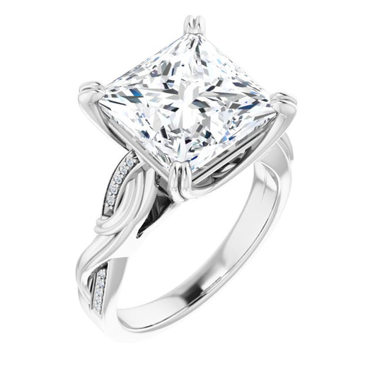 10K White Gold Customizable Cathedral-raised Princess/Square Cut Design featuring Rope-Braided Half-Pavé Band