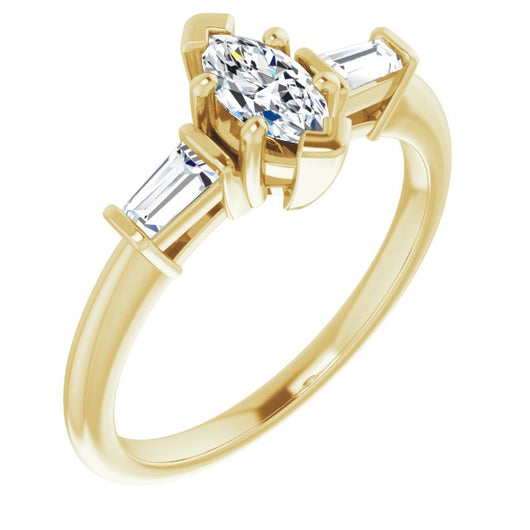 10K Yellow Gold Customizable 3-stone Marquise Cut Design with Dual Baguette Accents)