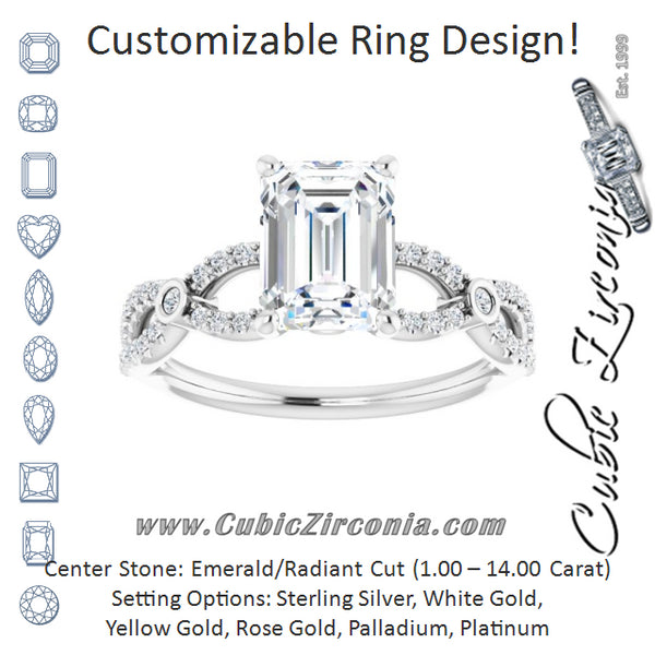 Cubic Zirconia Engagement Ring- The Aashi (Customizable Emerald Cut Design with Infinity-inspired Split Pavé Band and Bezel Peekaboo Accents)