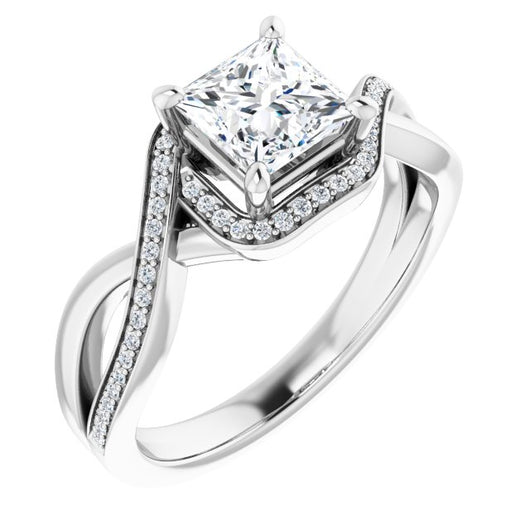 10K White Gold Customizable Bypass-Halo-Accented Princess/Square Cut Center with Twisting Split Shared Prong Band