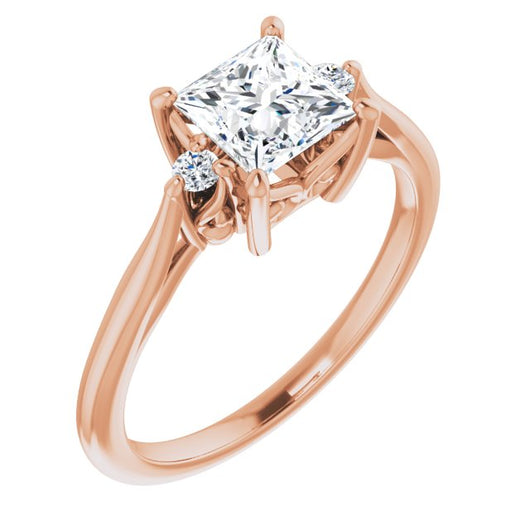 10K Rose Gold Customizable Three-stone Princess/Square Cut Design with Small Round Accents and Vintage Trellis/Basket