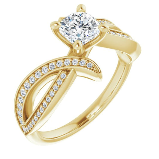 10K Yellow Gold Customizable Cushion Cut Design with Swooping Pavé Bypass Band