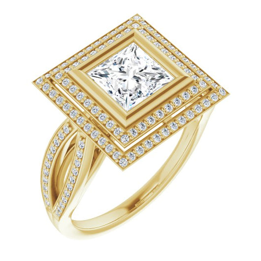 10K Yellow Gold Customizable Bezel-set Princess/Square Cut Style with Double Halo and Split Shared Prong Band