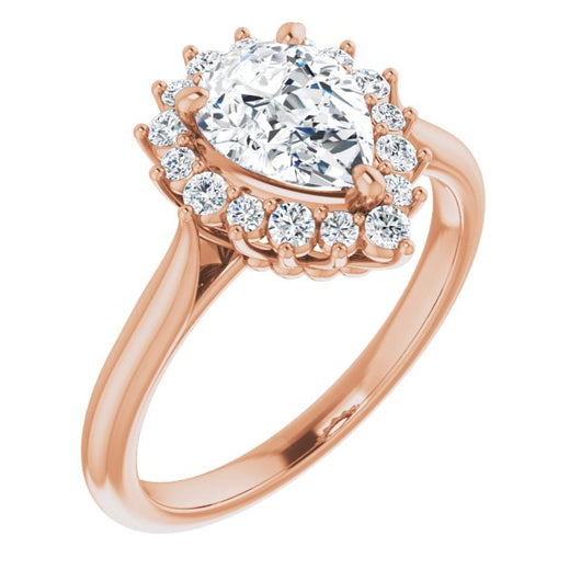 10K Rose Gold Customizable Crown-Cathedral Pear Cut Design with Clustered Large-Accent Halo & Ultra-thin Band