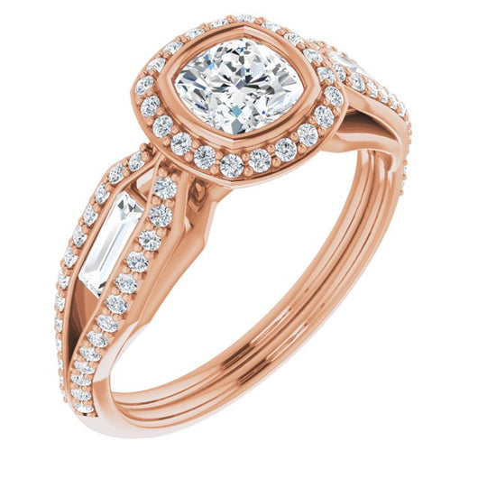 10K Rose Gold Customizable Cathedral-Bezel Cushion Cut Design with Halo, Split-Pavé Band & Channel Baguettes