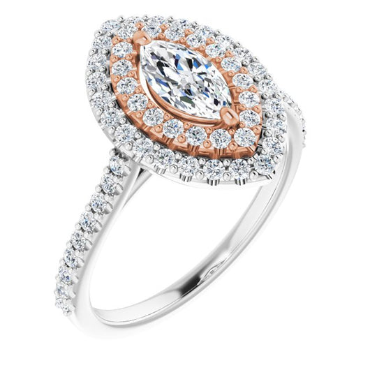 14K White & Rose Gold Customizable Double-Halo Marquise Cut Design with Accented Split Band