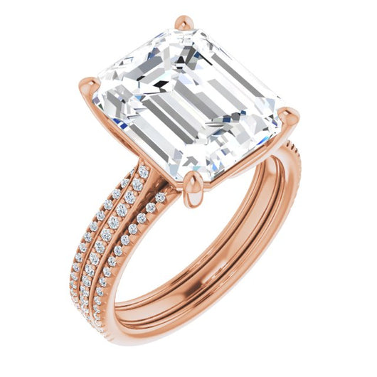 10K Rose Gold Customizable Emerald/Radiant Cut Center with Wide Pavé Accented Band