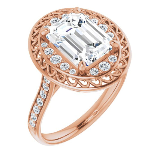 10K Rose Gold Customizable Cathedral-style Emerald/Radiant Cut featuring Cluster Accented Filigree Setting & Shared Prong Band