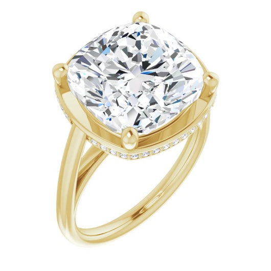 10K Yellow Gold Customizable Super-Cathedral Cushion Cut Design with Hidden-stone Under-halo Trellis