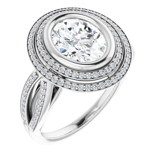 10K White Gold Customizable Bezel-set Oval Cut Style with Double Halo and Split Shared Prong Band