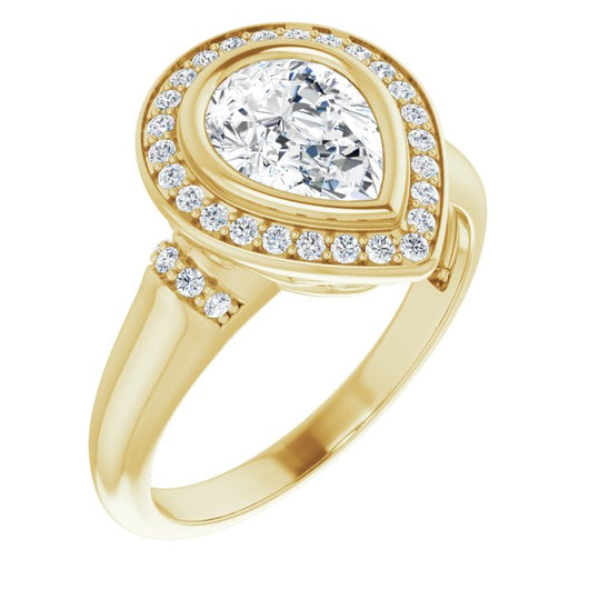 10K Yellow Gold Customizable Bezel-set Pear Cut Design with Halo and Vertical Round Channel Accents