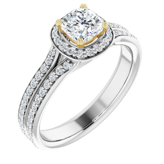 14K White & Yellow Gold Customizable Cathedral-set Cushion Cut Style with Split-Pav? Band