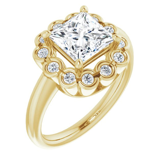 10K Yellow Gold Customizable 13-stone Princess/Square Cut Design with Floral-Halo Round Bezel Accents