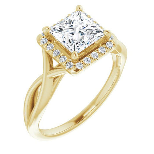 10K Yellow Gold Customizable Cathedral-Halo Princess/Square Cut Design with Twisting Split Band