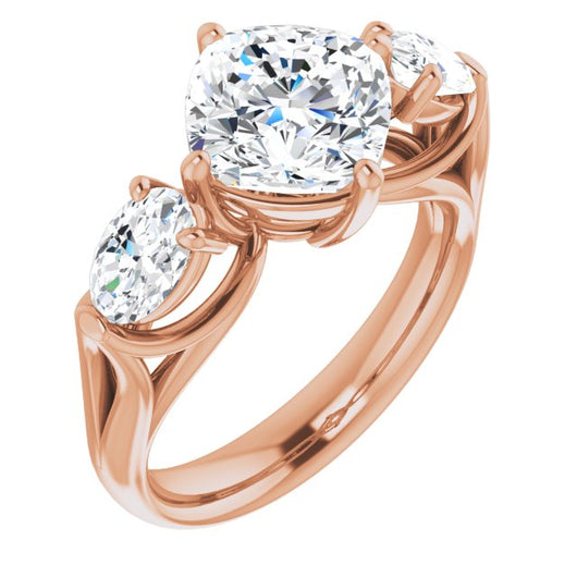 10K Rose Gold Customizable Cathedral-set 3-stone Cushion Cut Style with Dual Oval Cut Accents & Wide Split Band