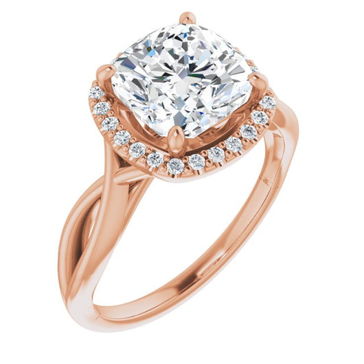 10K Rose Gold Customizable Cathedral-Halo Cushion Cut Design with Twisting Split Band