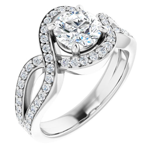 10K White Gold Customizable Round Cut Center with Infinity-inspired Split Shared Prong Band and Bypass Halo