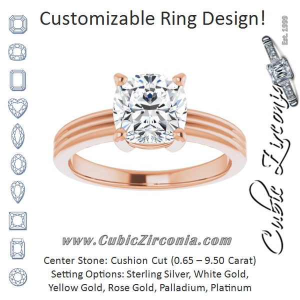 Cubic Zirconia Engagement Ring- The Davina (Customizable Cushion Cut Solitaire with Double-Grooved Band)