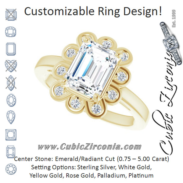 Cubic Zirconia Engagement Ring- The Mary Lou (Customizable 9-stone Emerald Cut Design with Round Bezel Side Stones)