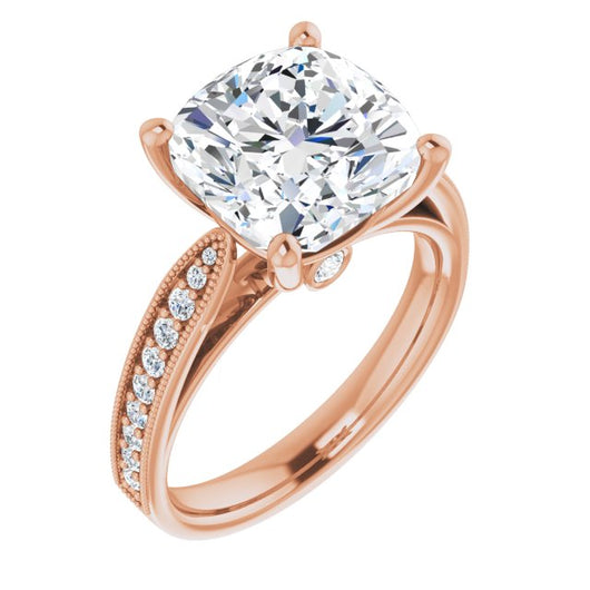 10K Rose Gold Customizable Cushion Cut Style featuring Milgrained Shared Prong Band & Dual Peekaboos