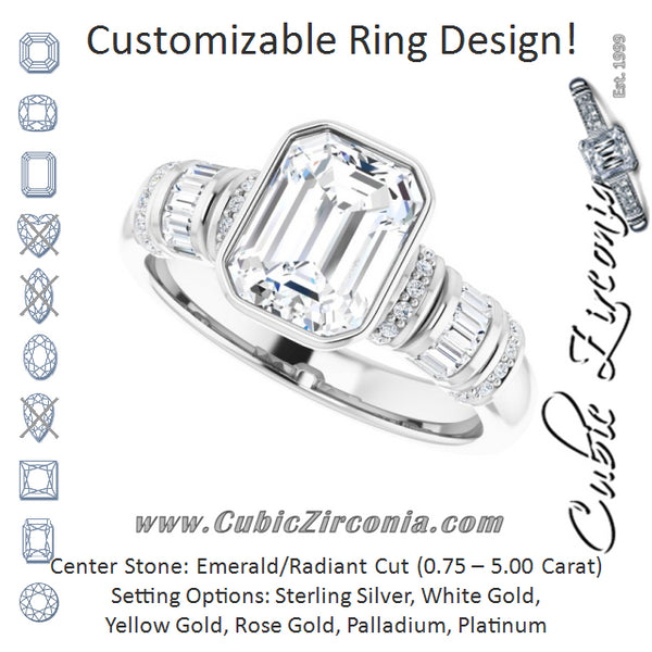 Cubic Zirconia Engagement Ring- The Coralie (Customizable Bezel-set Emerald Cut Setting with Wide Sleeve-Accented Band)