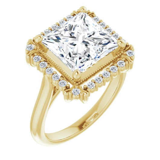 10K Yellow Gold Customizable Princess/Square Cut Design with Majestic Crown Halo and Raised Illusion Setting