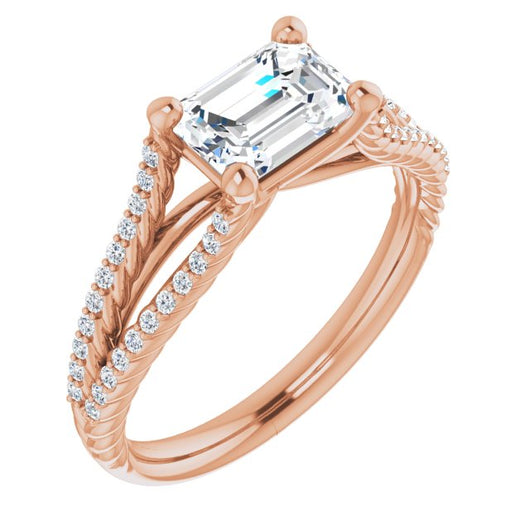 10K Rose Gold Customizable Emerald/Radiant Cut Style with Split Band and Rope-Pavé