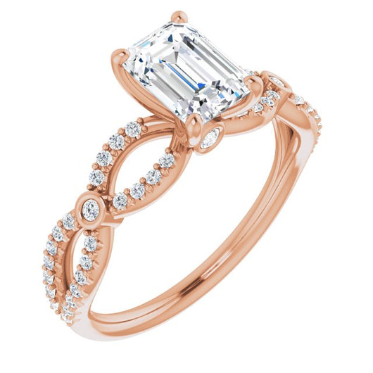 10K Rose Gold Customizable Emerald/Radiant Cut Design with Infinity-inspired Split Pavé Band and Bezel Peekaboo Accents