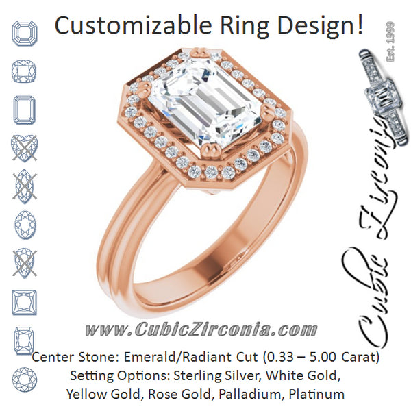 Cubic Zirconia Engagement Ring- The Jeanine Marie (Customizable Radiant Cut Style with Scooped Halo and Grooved Band)