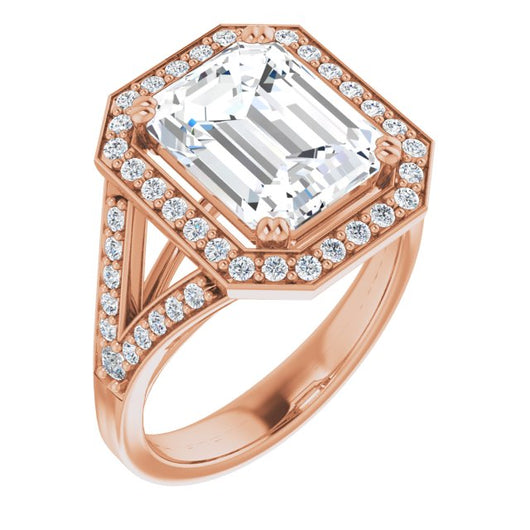 10K Rose Gold Customizable Cathedral-set Emerald/Radiant Cut Style with Accented Split Band and Halo