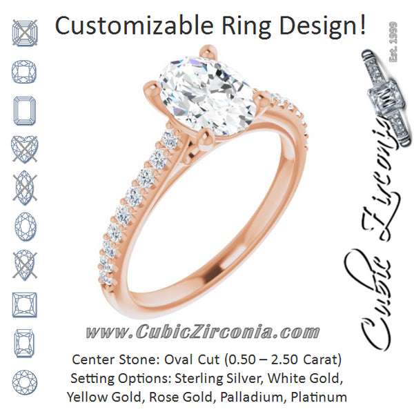 Cubic Zirconia Engagement Ring- The Diane (Customizable Cathedral-raised Oval Cut Design with Accented Band and Infinity Symbol Trellis Decoration)