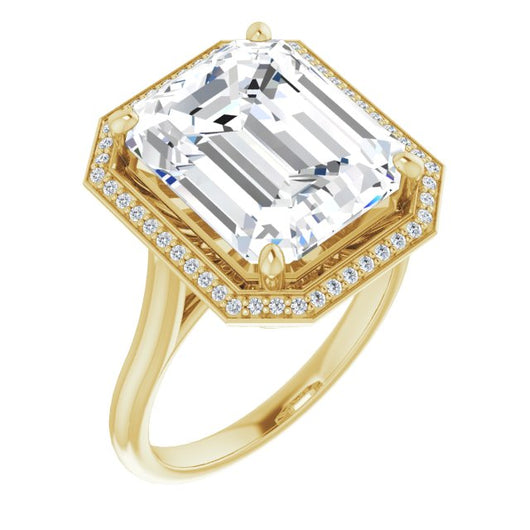 10K Yellow Gold Customizable Cathedral-Raised Emerald/Radiant Cut Halo Style