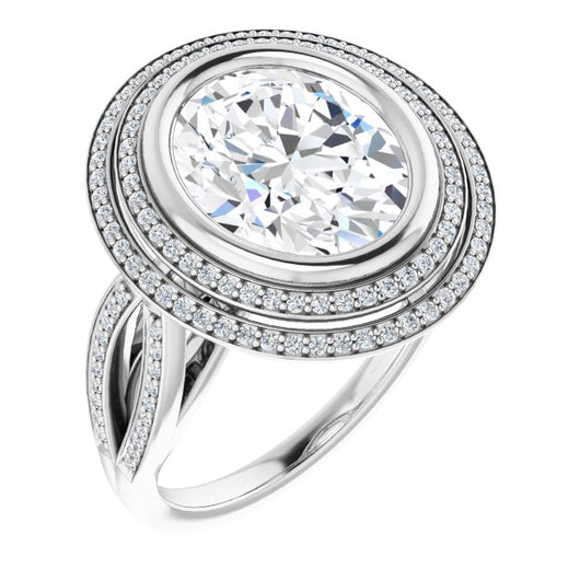 10K White Gold Customizable Bezel-set Oval Cut Style with Double Halo and Split Shared Prong Band