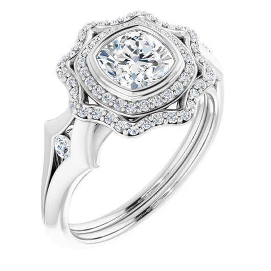 10K White Gold Customizable Cathedral-bezel Cushion Cut Design with Floral Double Halo and Channel-Accented Split Band