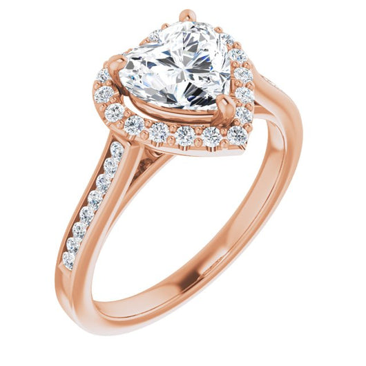 10K Rose Gold Customizable Heart Cut Design with Halo, Round Channel Band and Floating Peekaboo Accents