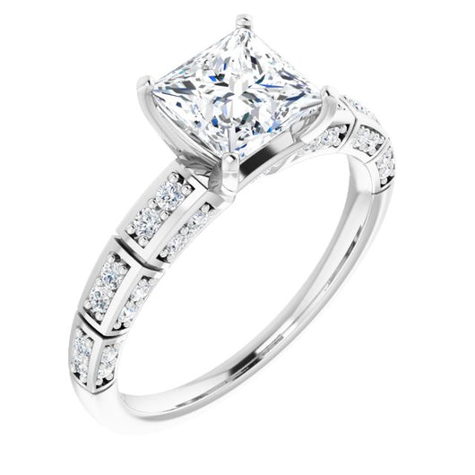 10K White Gold Customizable Princess/Square Cut Style with Three-sided, Segmented Shared Prong Band