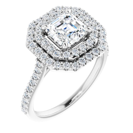 10K White Gold Customizable Double-Halo Asscher Cut Design with Accented Split Band