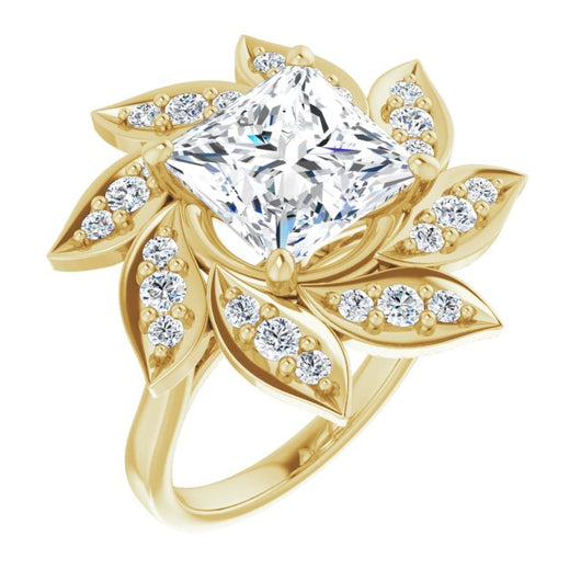 10K Yellow Gold Customizable Princess/Square Cut Design with Artisan Floral Halo