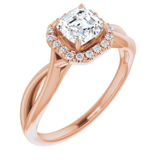 10K Rose Gold Customizable Cathedral-Halo Asscher Cut Design with Twisting Split Band