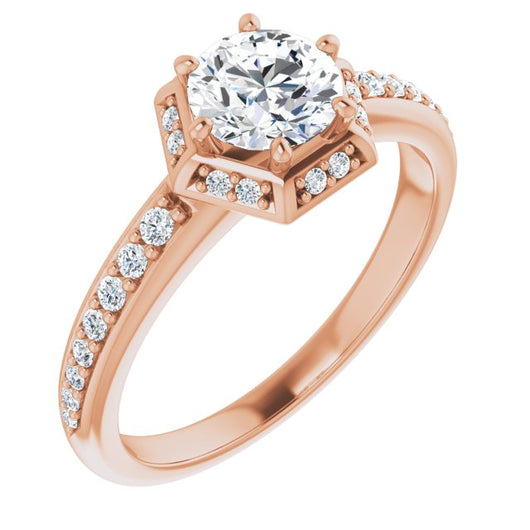 10K Rose Gold Customizable Round Cut Design with Geometric Under-Halo and Shared Prong Band